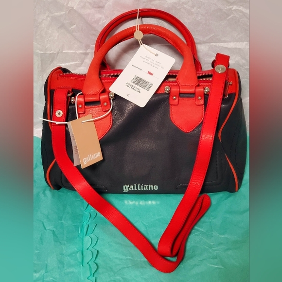 RARE! JOHN GALLIANO BLACK RED LEATHER BOSTON/BOWLING BAG NEW WITH/ TAG FULL SET - Picture 2 of 12